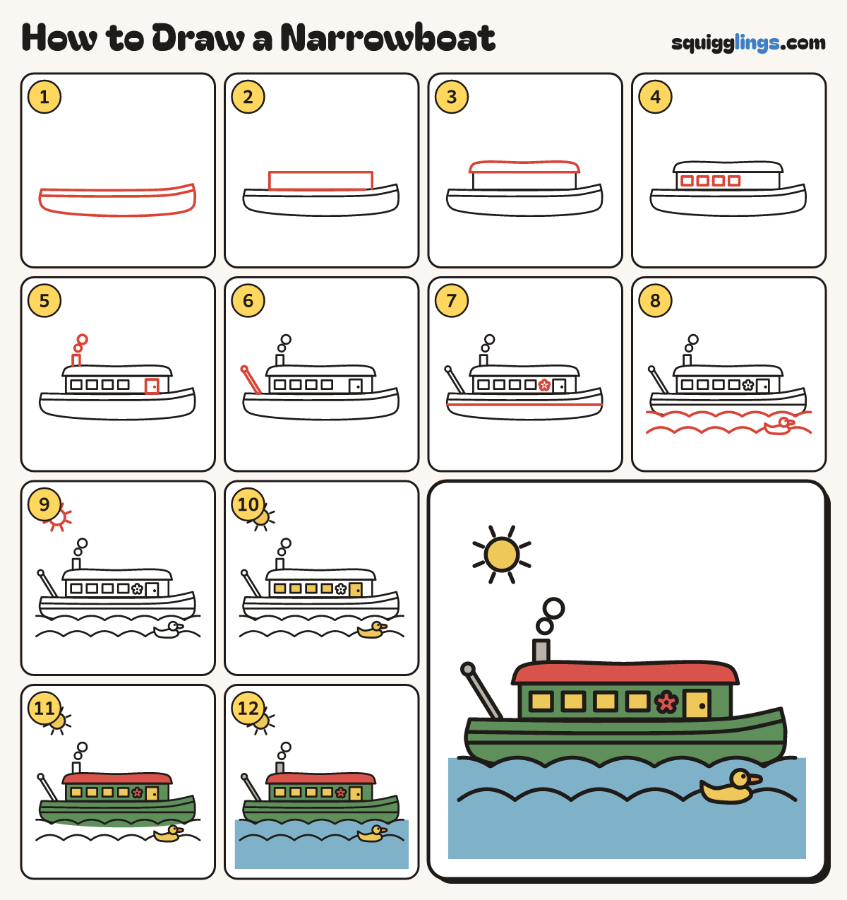 How to Draw a Narrowboat step by step: all 12 steps in one picture
