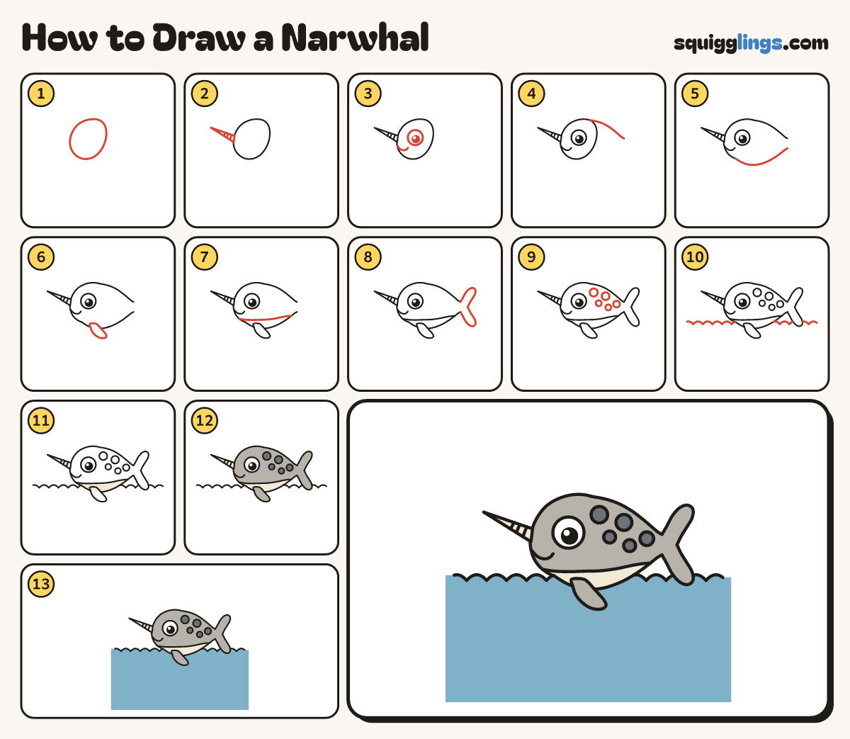 How to Draw a Narwhal step by step: all 13 steps in one picture