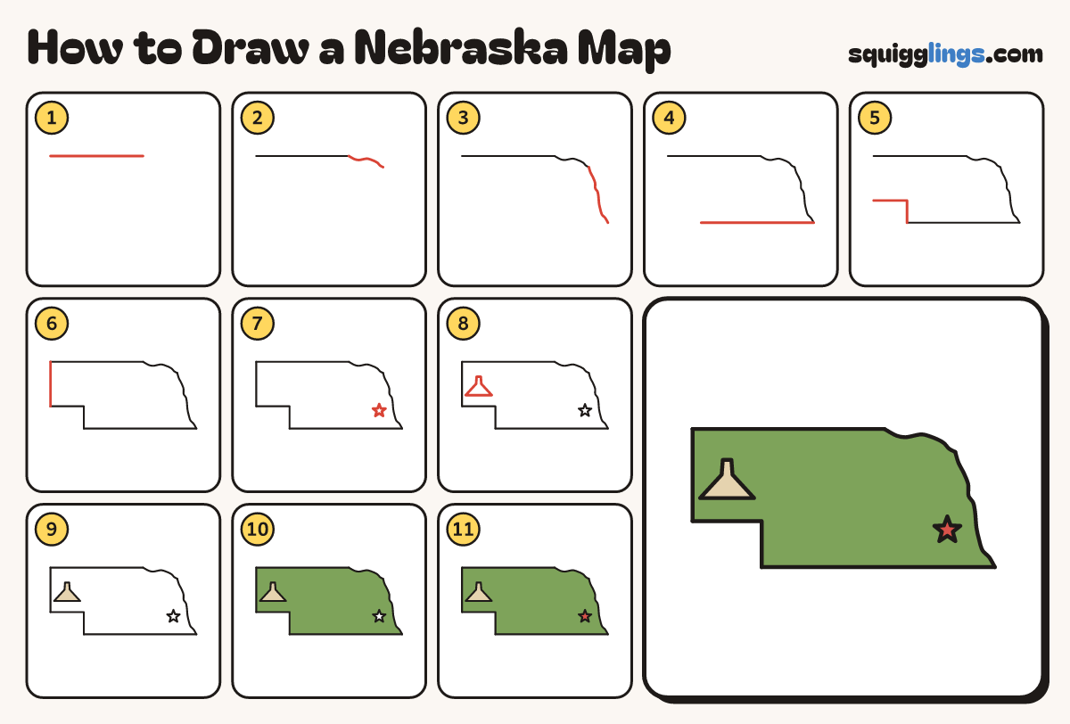 How to Draw a Nebraska Map step by step: all 11 steps in one picture