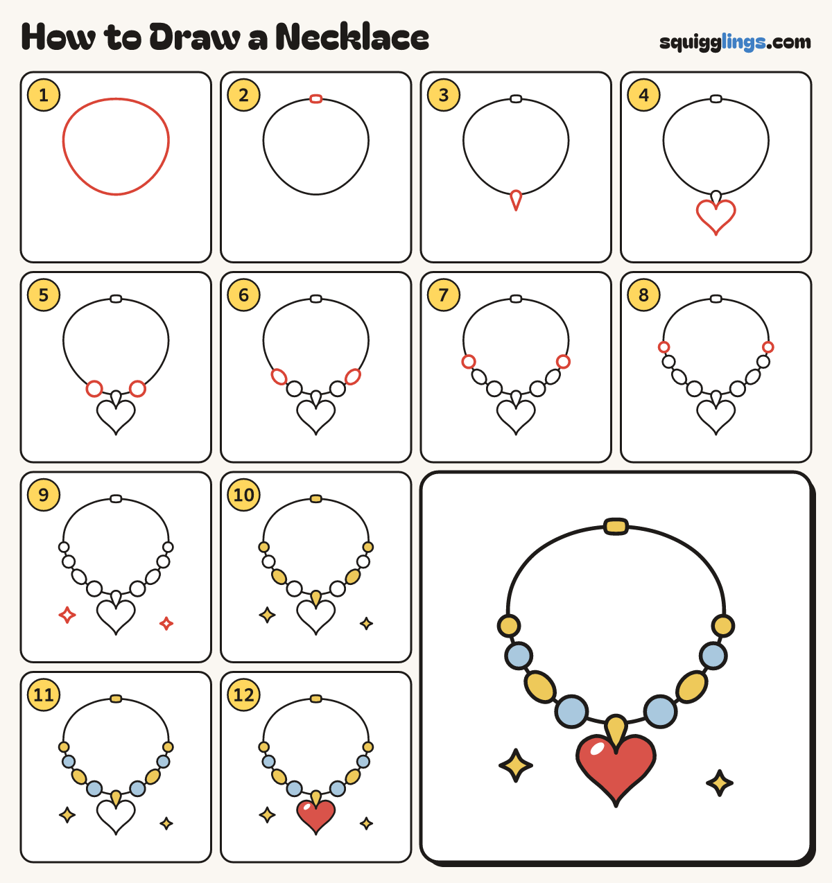 How to Draw a Necklace step by step: all 12 steps in one picture