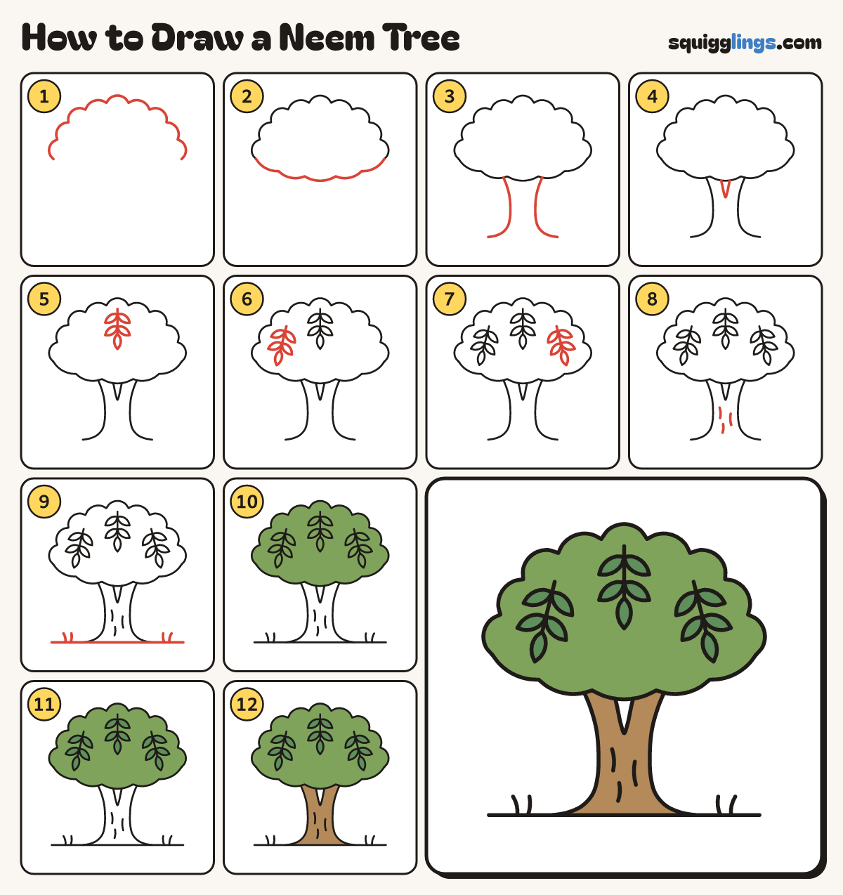 How to Draw a Neem Tree step by step: all 12 steps in one picture