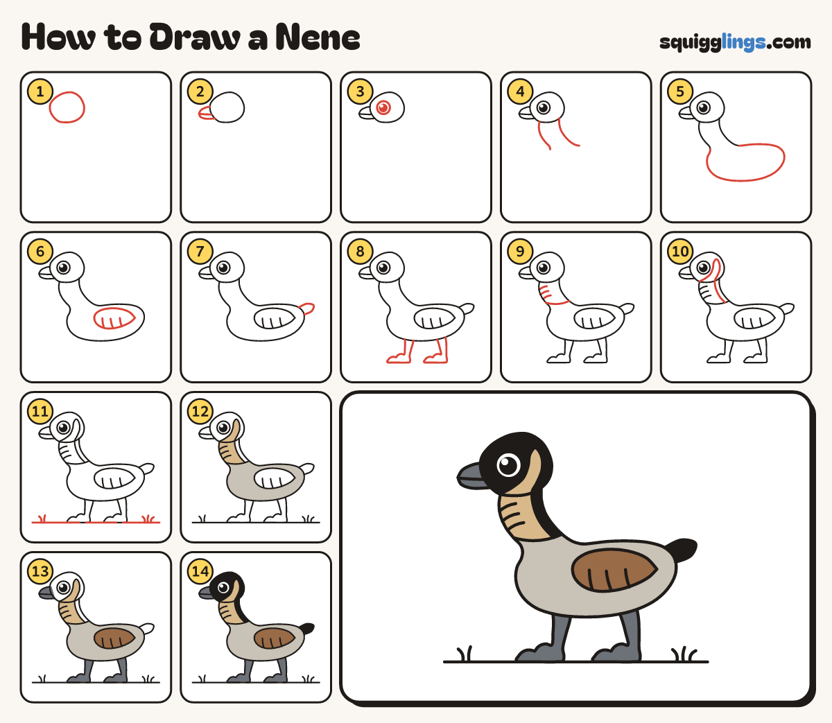 How to Draw a Nene step by step: all 14 steps in one picture