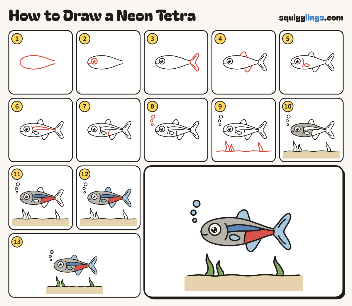 How to Draw a Neon Tetra step by step: all 13 steps in one picture