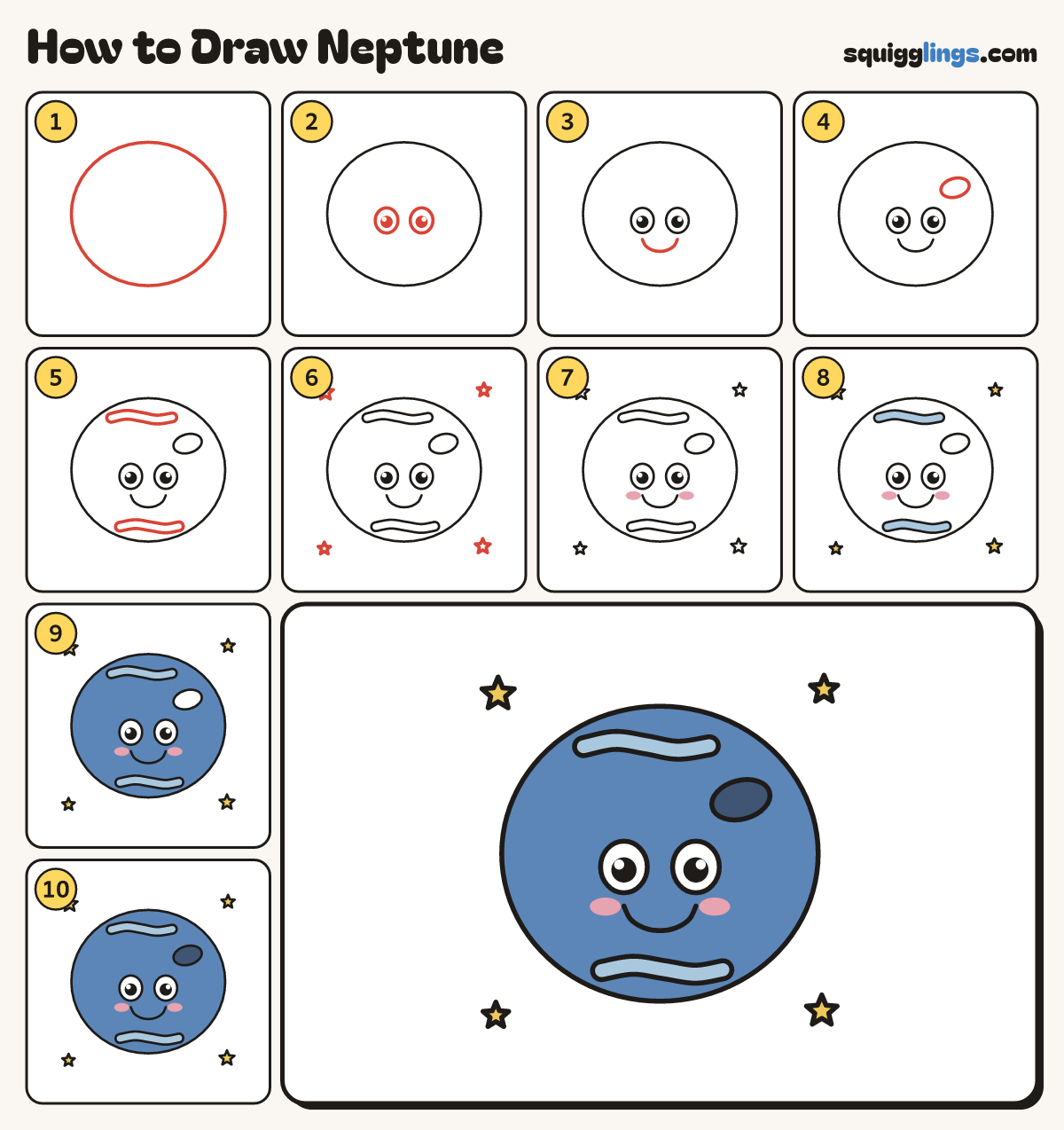 How to Draw Neptune step by step: all 10 steps in one picture