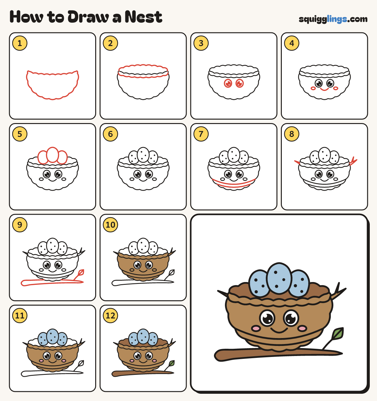 How to Draw a Nest step by step: all 12 steps in one picture