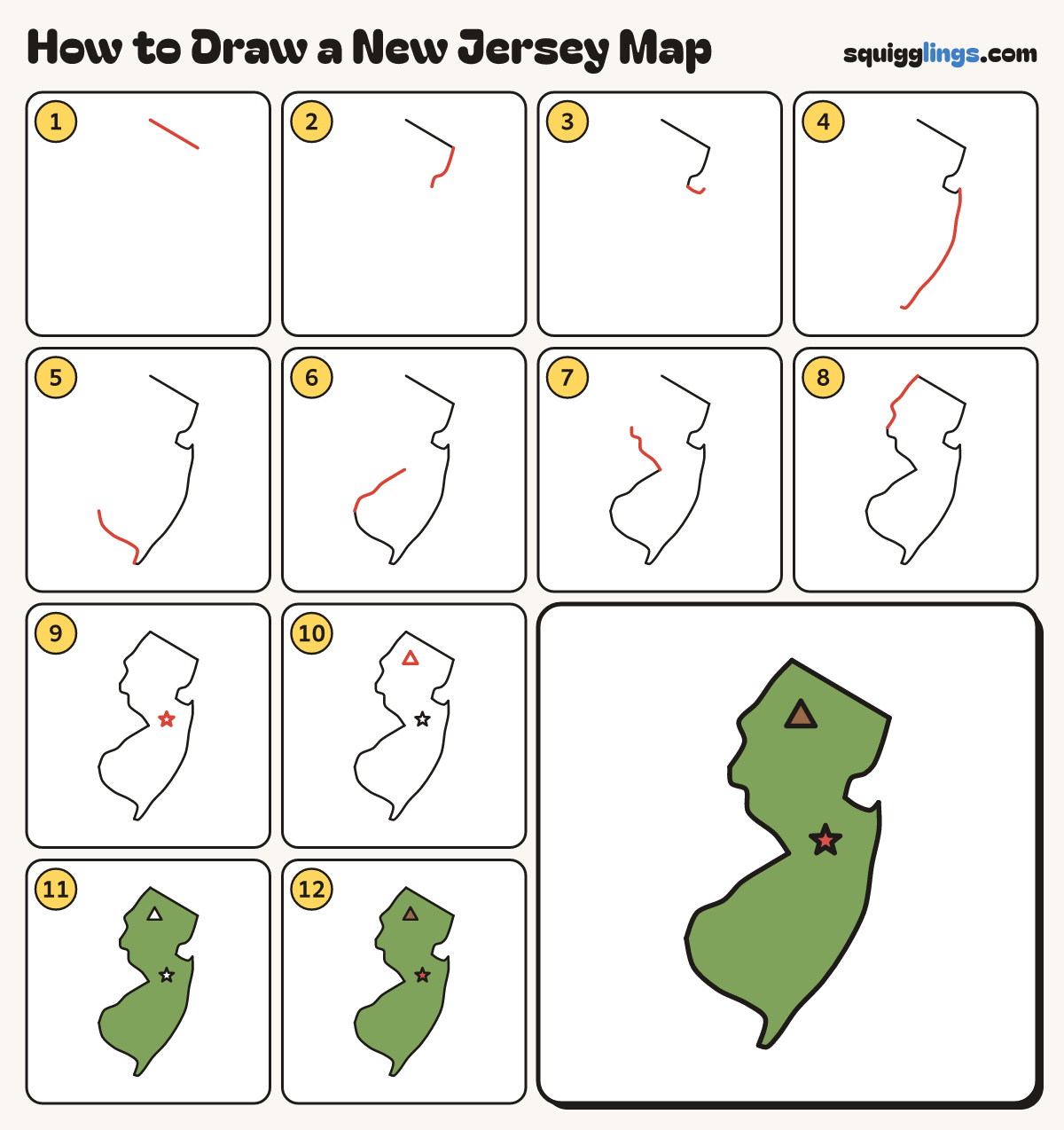 How to Draw a New Jersey Map step by step: all 12 steps in one picture