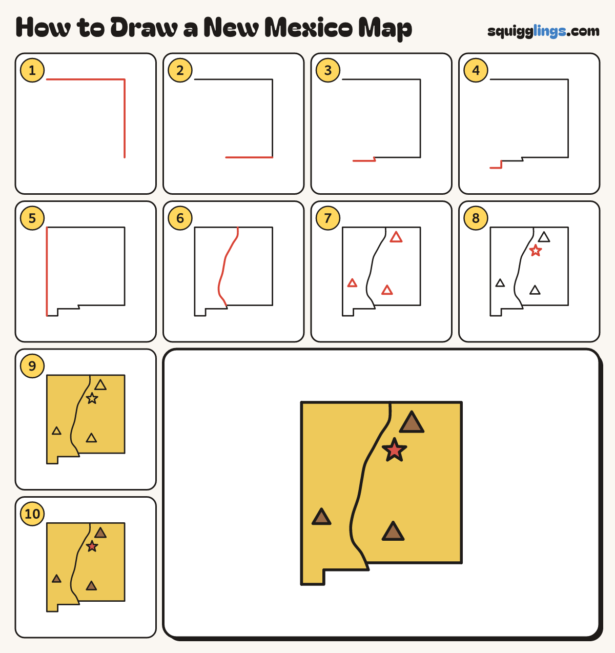 How to Draw a New Mexico Map step by step: all 10 steps in one picture