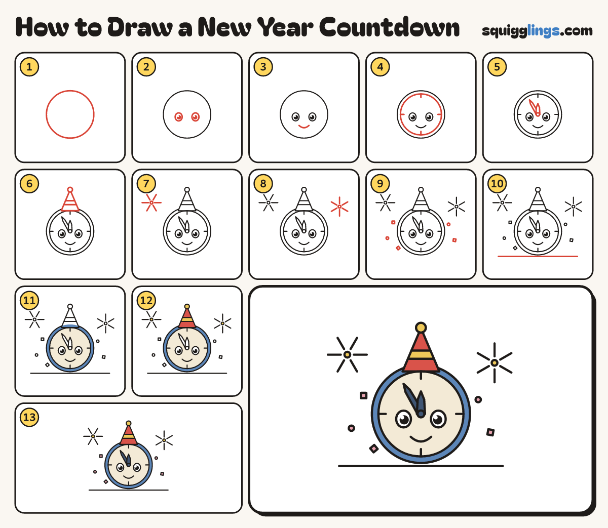 How to Draw a New Year Countdown step by step: all 13 steps in one picture
