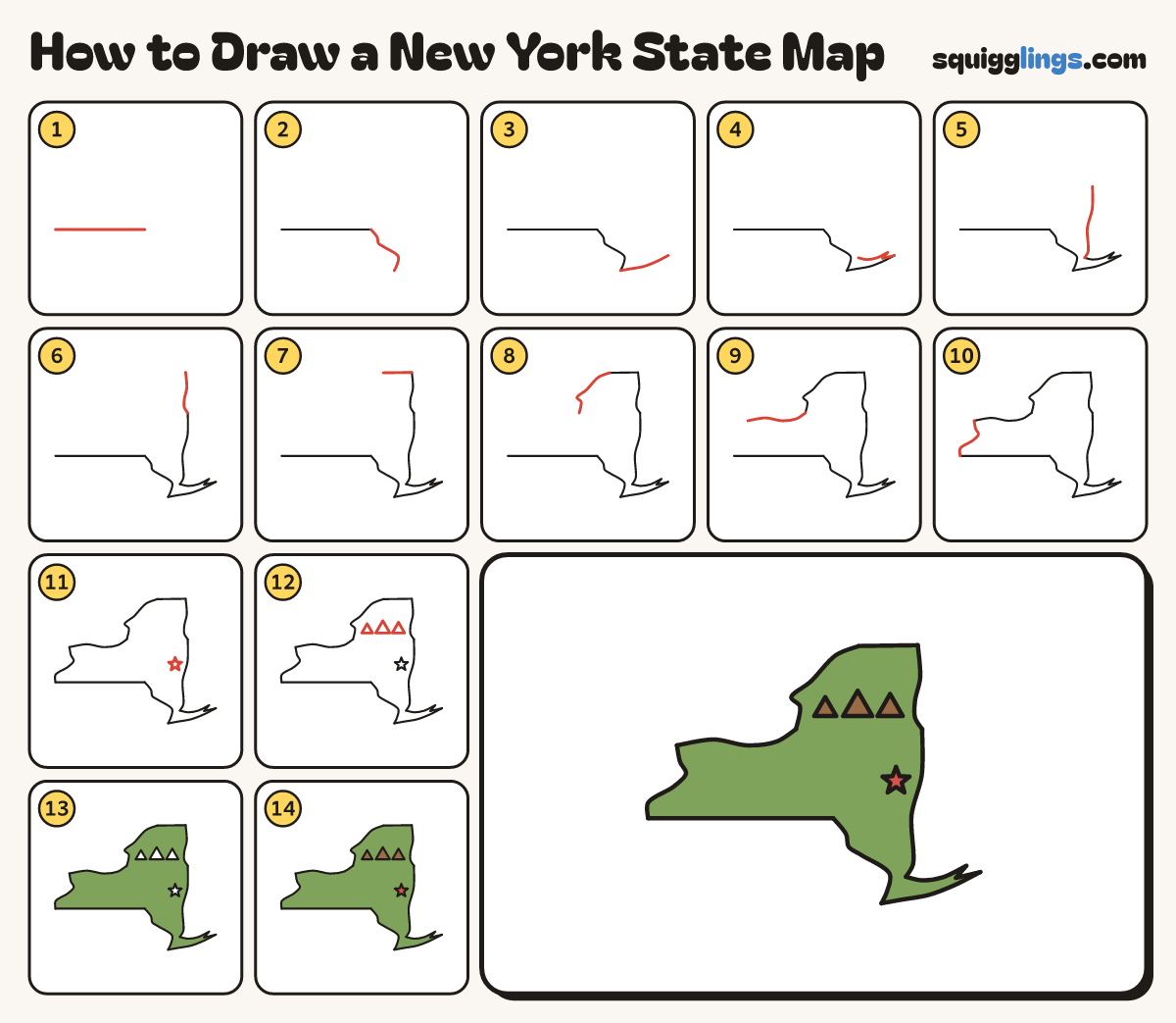 How to Draw a New York State Map step by step: all 14 steps in one picture