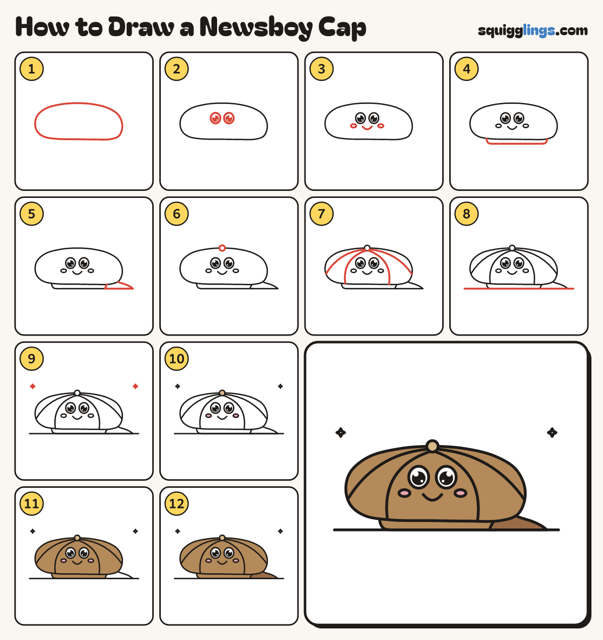 How to Draw a Newsboy Cap step by step: all 12 steps in one picture