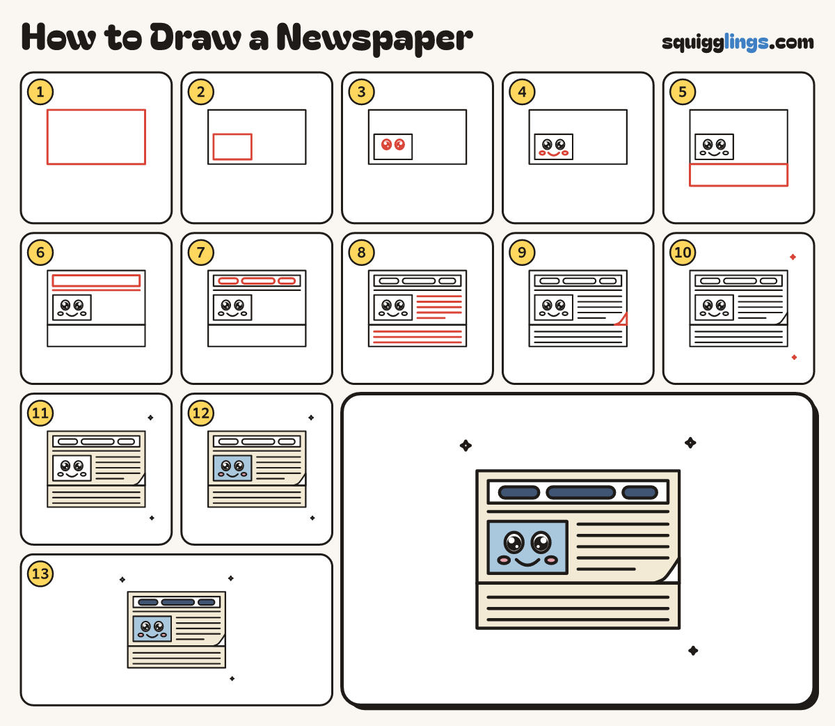 How to Draw a Newspaper step by step: all 13 steps in one picture