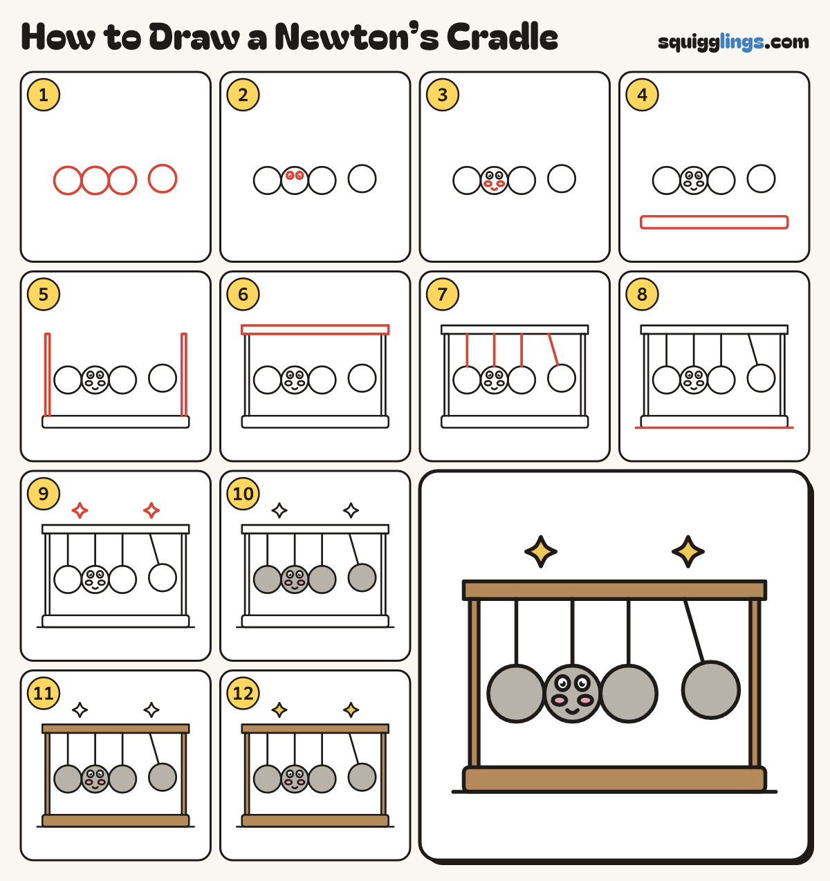 How to Draw a Newton’s Cradle step by step: all 12 steps in one picture