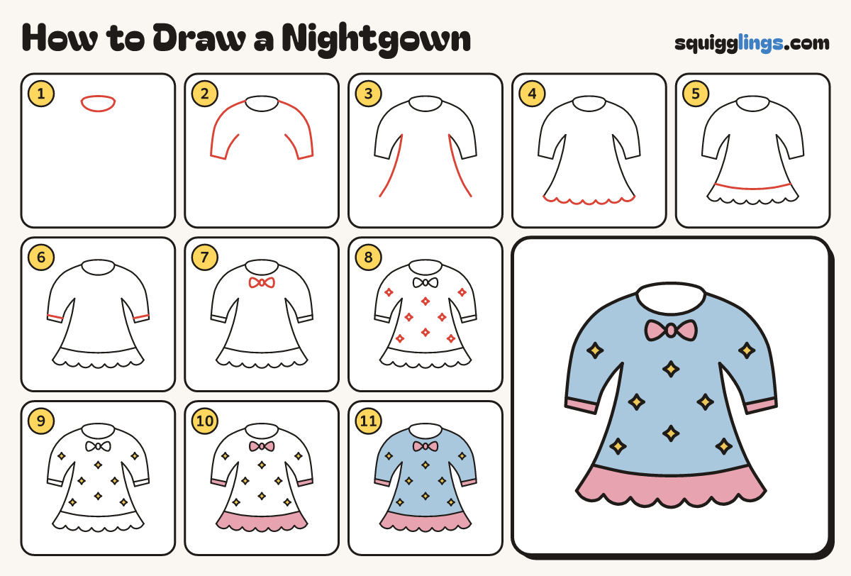 How to Draw a Nightgown step by step: all 11 steps in one picture