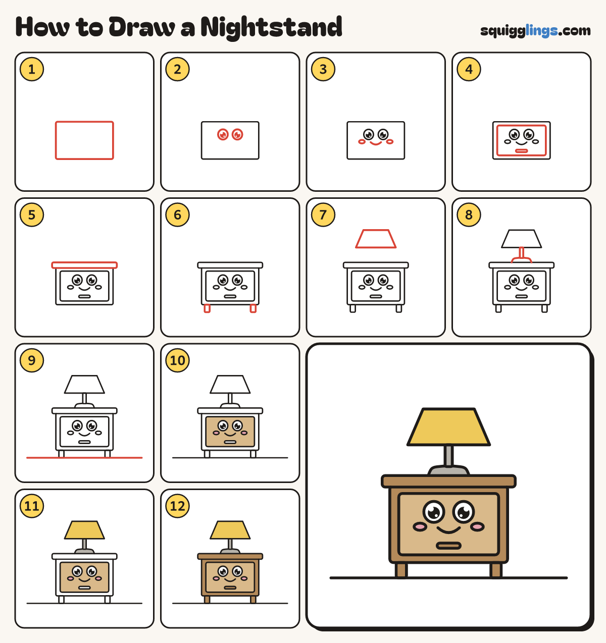 How to Draw a Nightstand step by step: all 12 steps in one picture