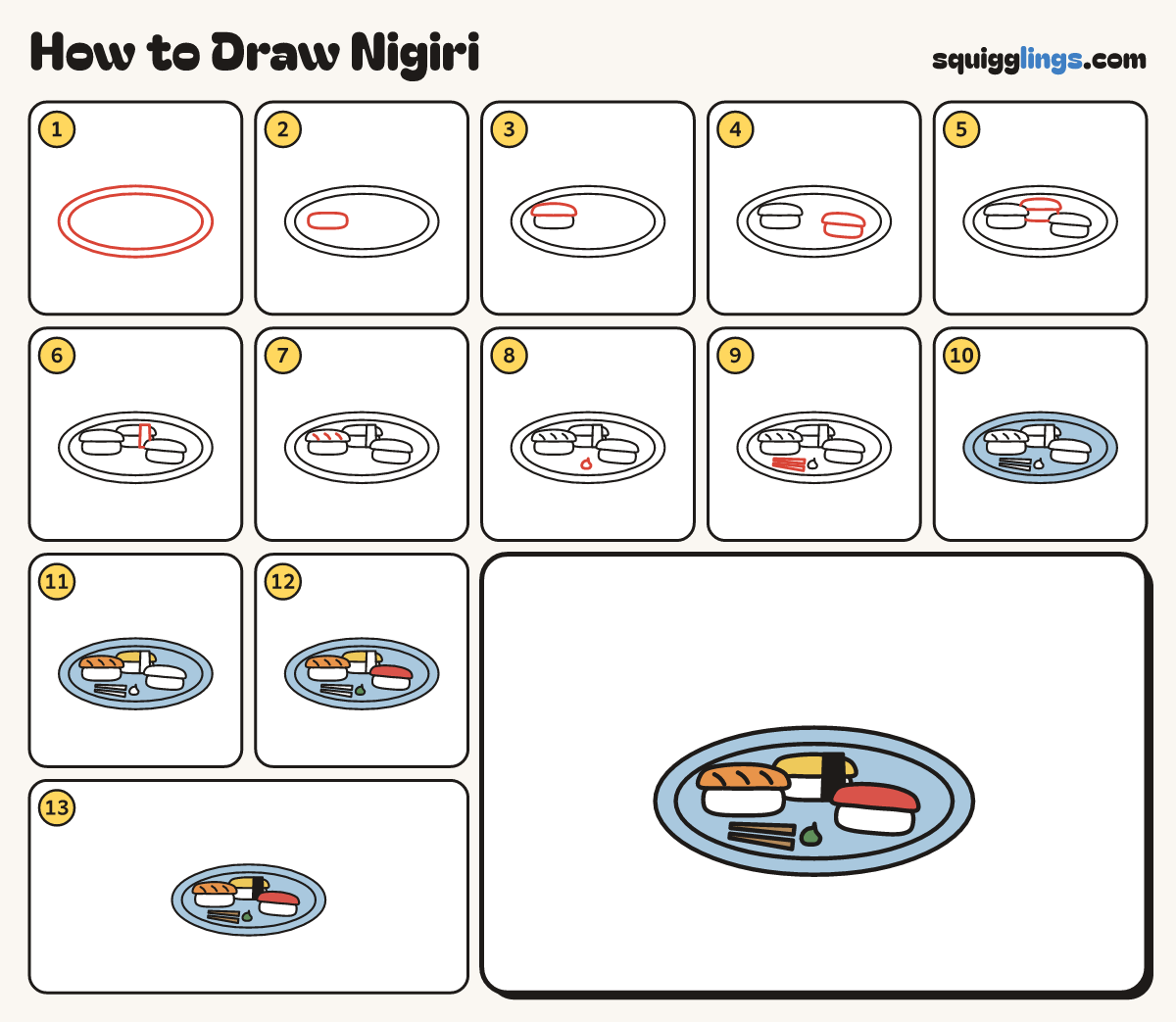How to Draw Nigiri step by step: all 13 steps in one picture