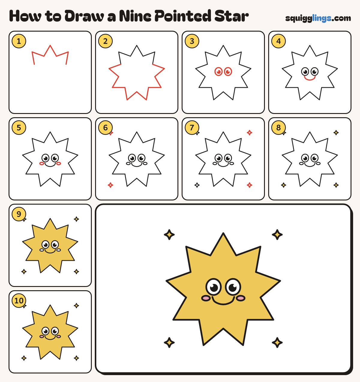 How to Draw a Nine Pointed Star step by step: all 10 steps in one picture