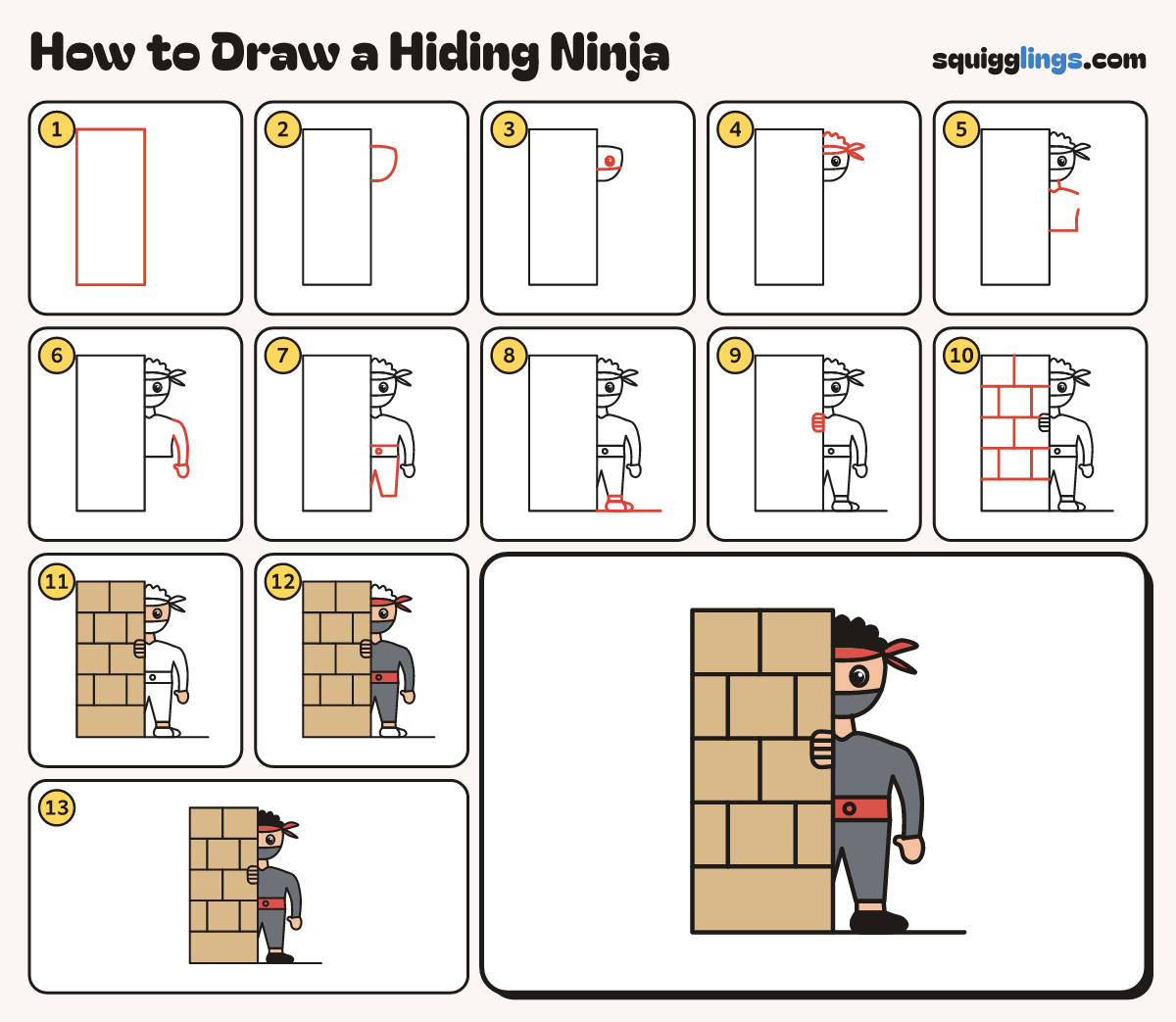 How to Draw a Hiding Ninja step by step: all 13 steps in one picture