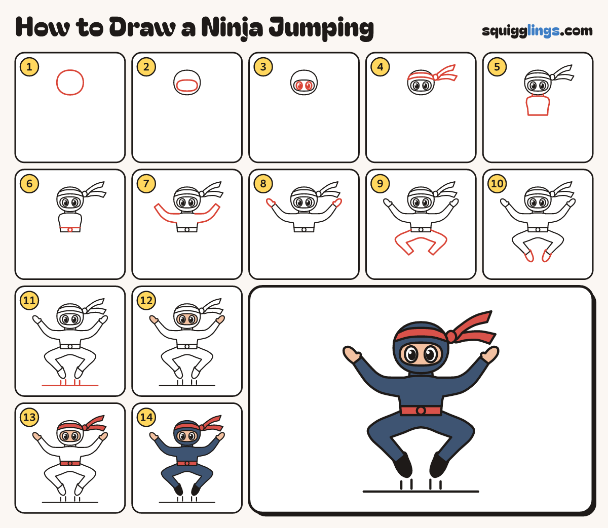 How to Draw a Ninja Jumping step by step: all 14 steps in one picture