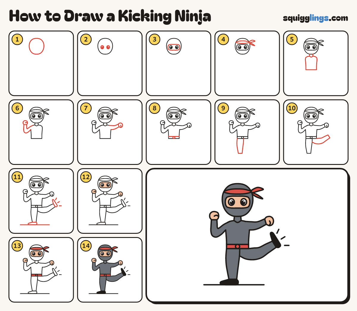 How to Draw a Kicking Ninja step by step: all 14 steps in one picture