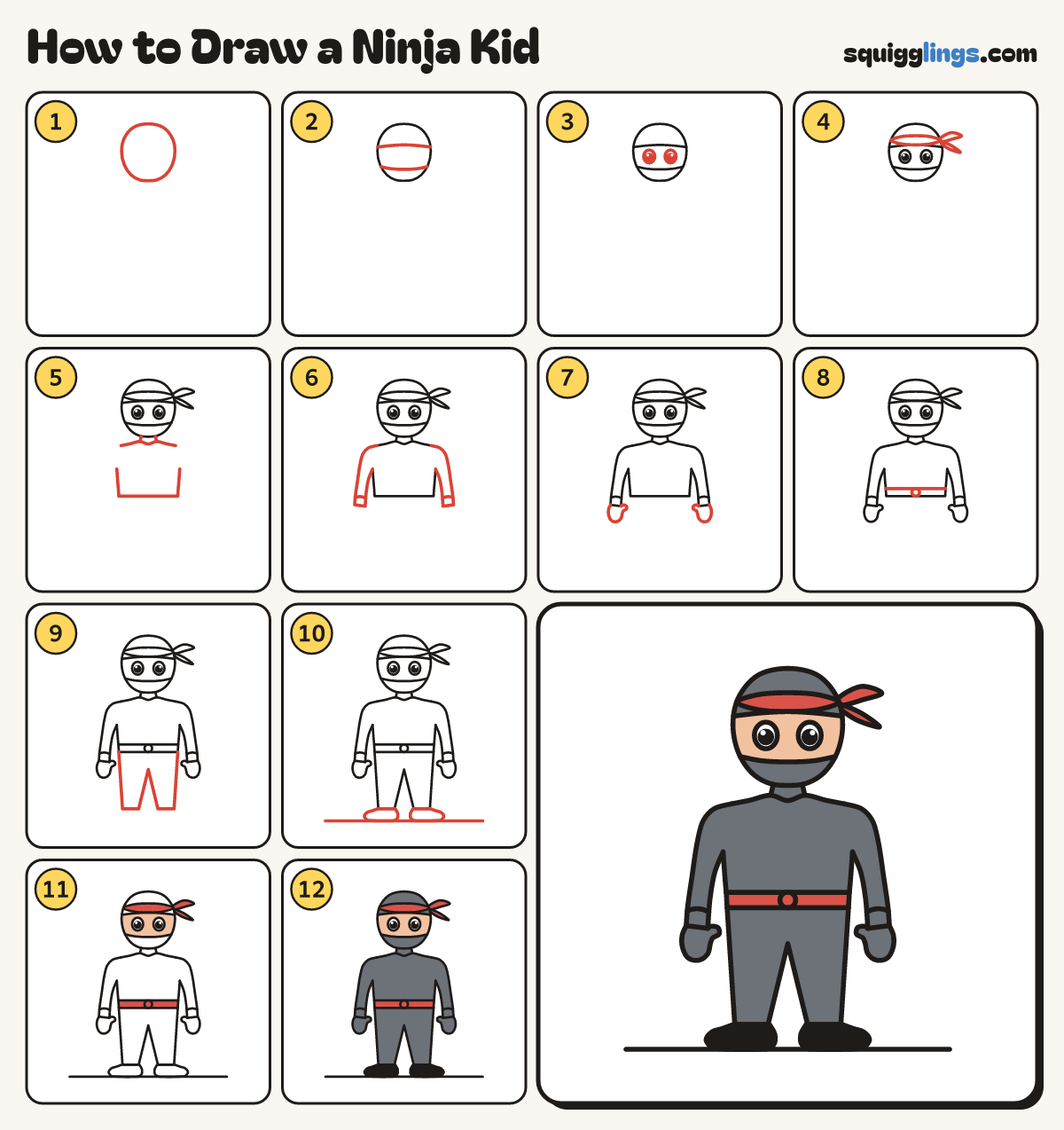 How to Draw a Ninja Kid step by step: all 12 steps in one picture