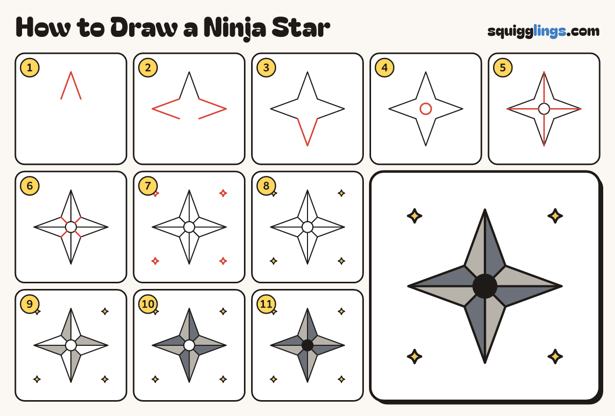 How to Draw a Ninja Star step by step: all 11 steps in one picture