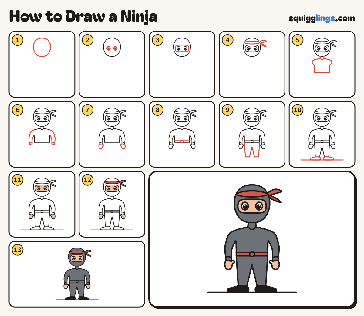 How to Draw a Ninja step by step: all 13 steps in one picture