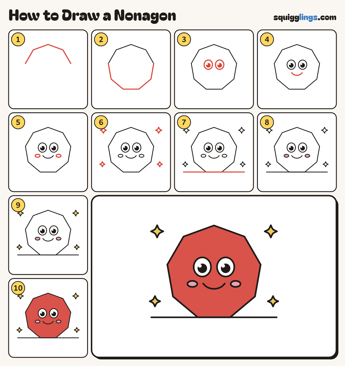 How to Draw a Nonagon step by step: all 10 steps in one picture