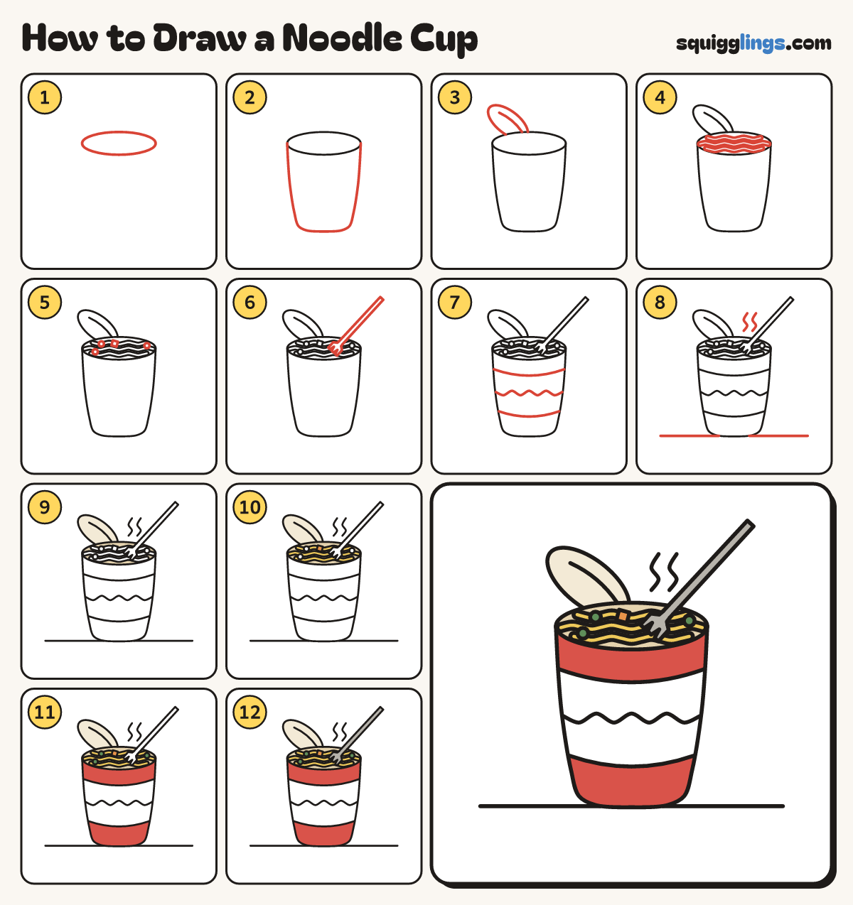 How to Draw a Noodle Cup step by step: all 12 steps in one picture