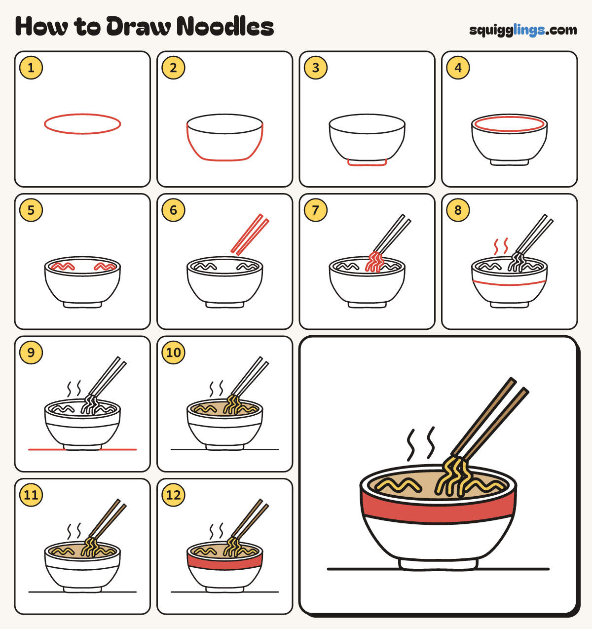 How to Draw Noodles step by step: all 12 steps in one picture