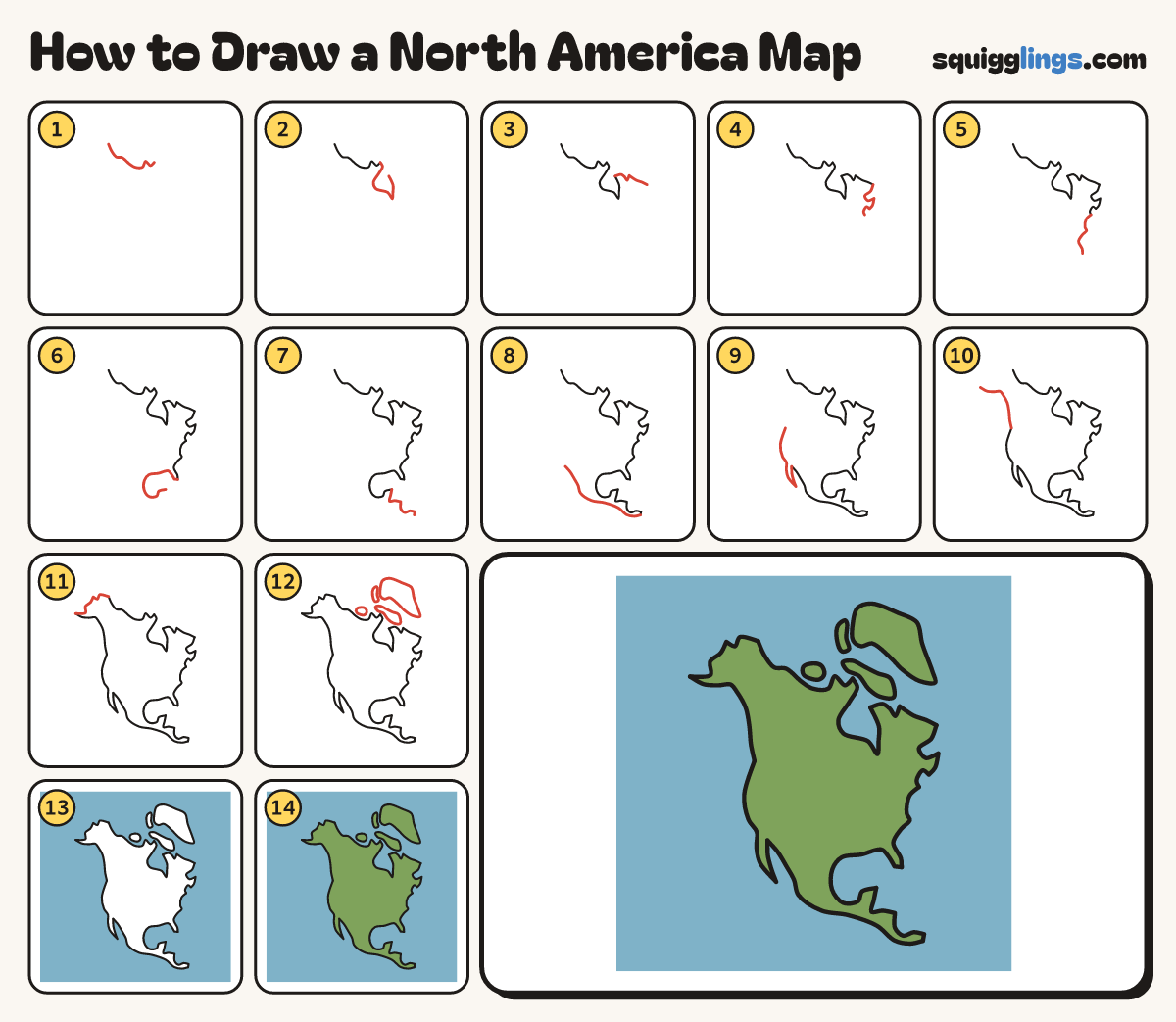 How to Draw a North America Map step by step: all 14 steps in one picture