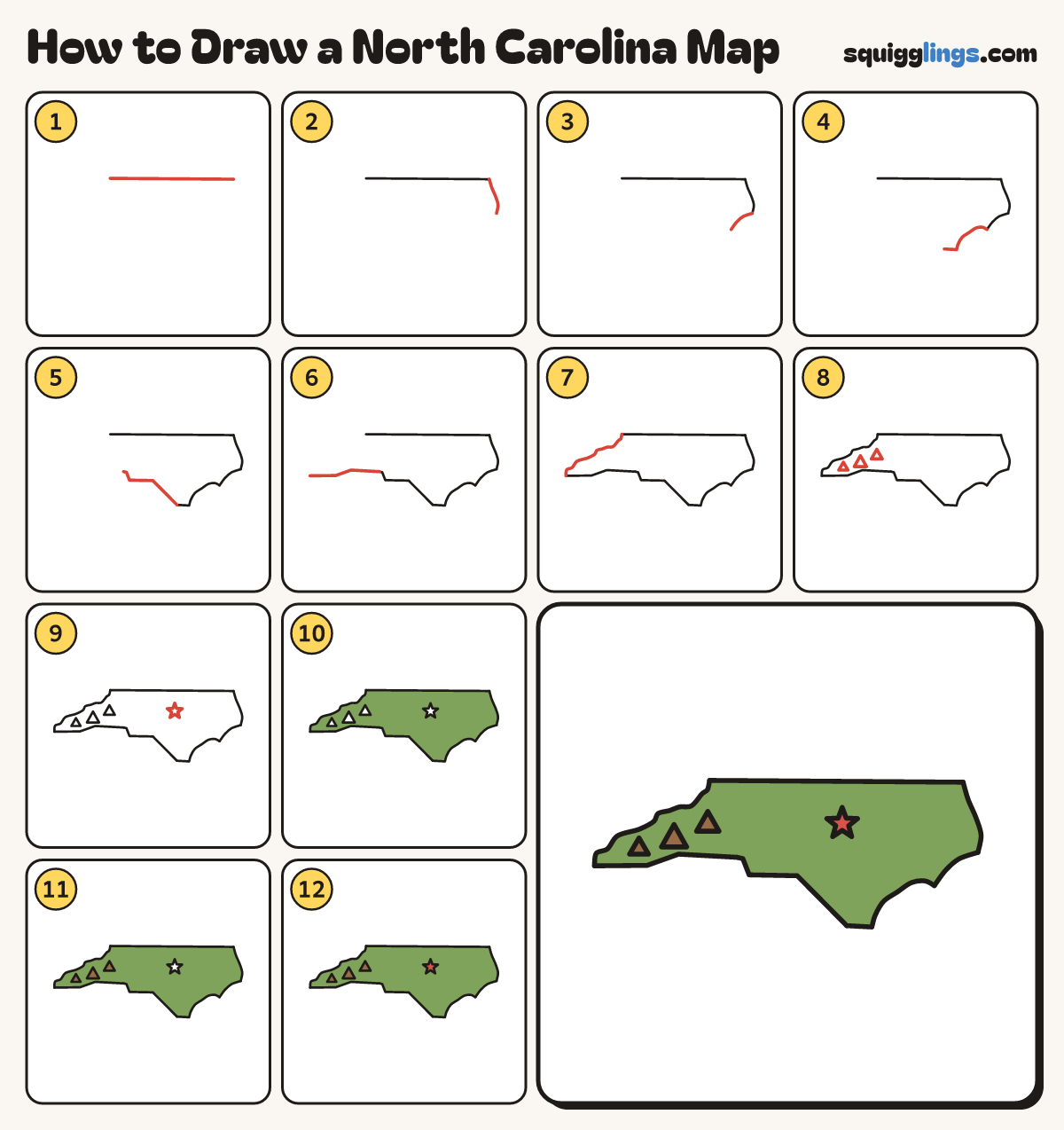 How to Draw a North Carolina Map step by step: all 12 steps in one picture