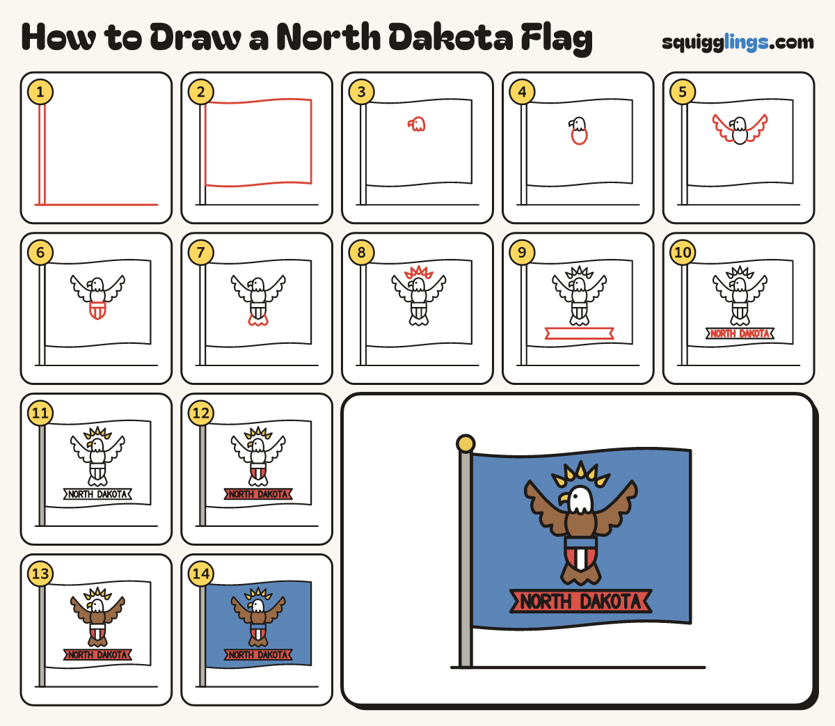 How to Draw a North Dakota Flag step by step: all 14 steps in one picture