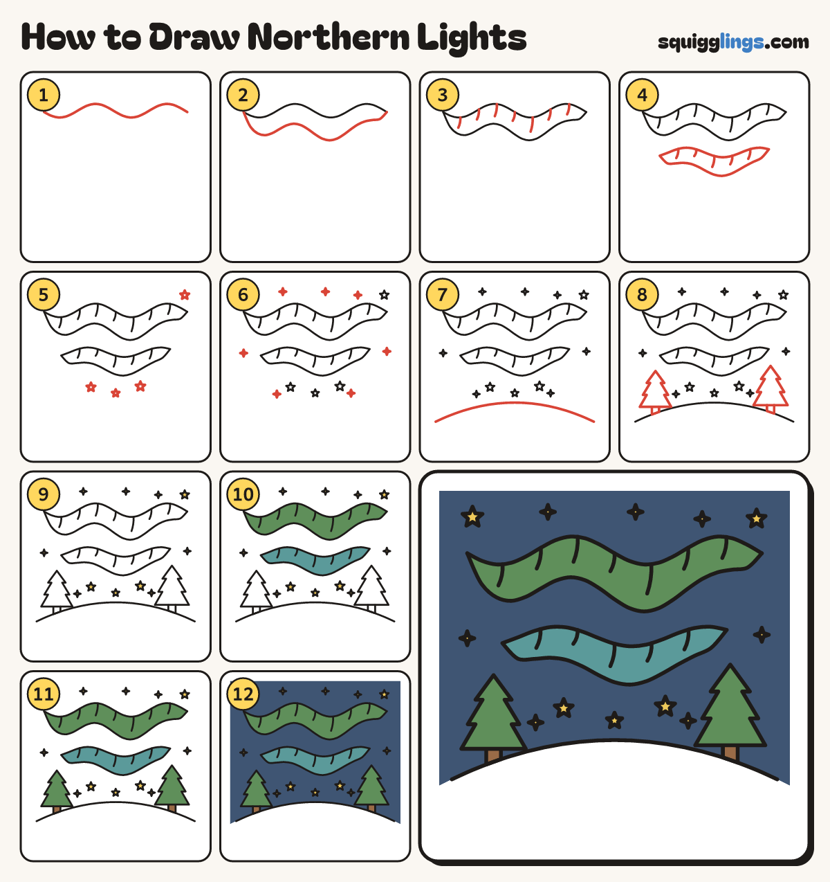 How to Draw Northern Lights step by step: all 12 steps in one picture