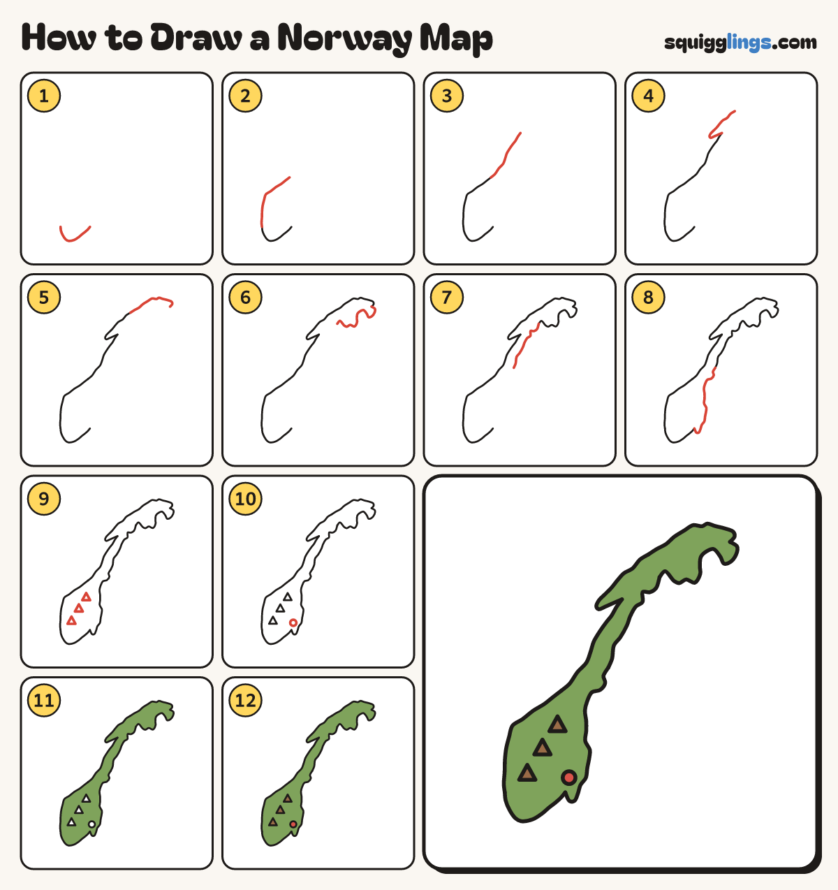 How to Draw a Norway Map step by step: all 12 steps in one picture
