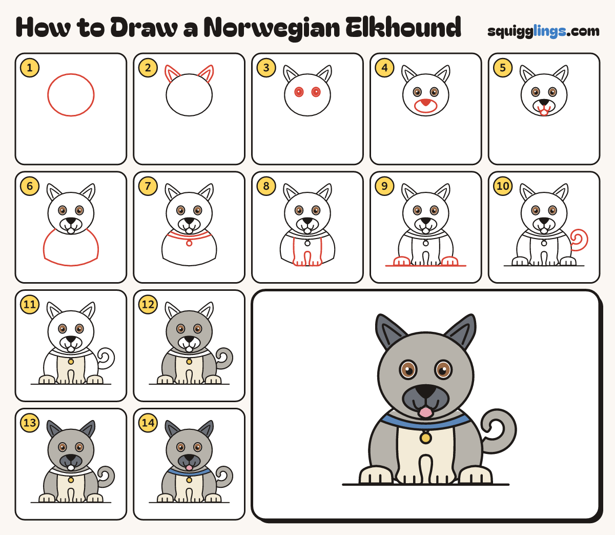 How to Draw a Norwegian Elkhound step by step: all 14 steps in one picture