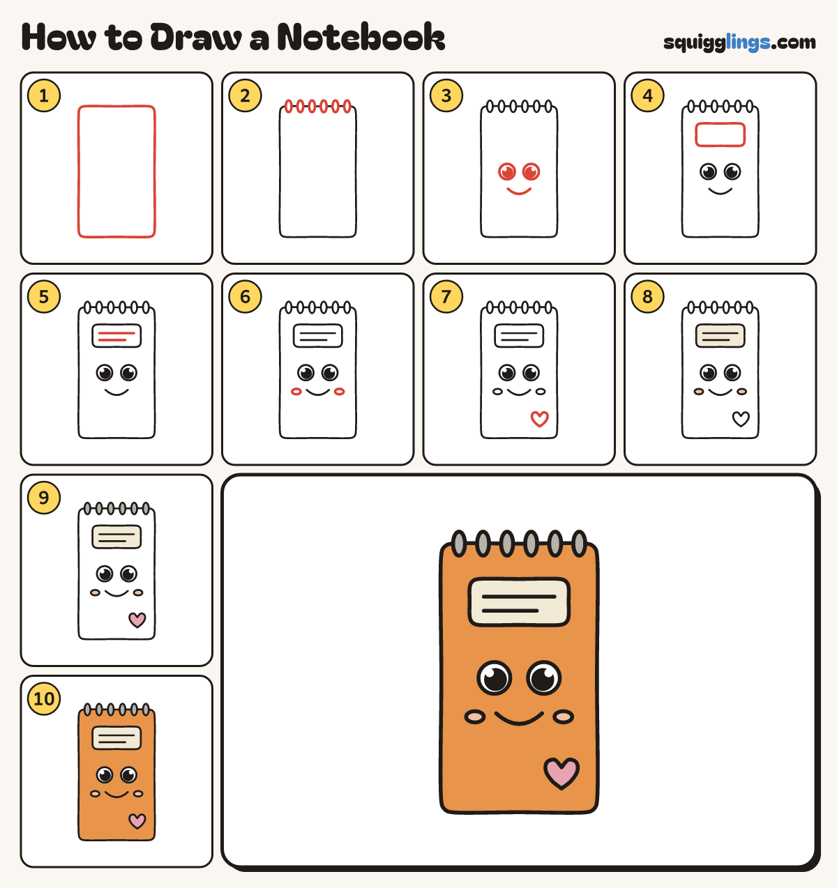 How to Draw a Notebook step by step: all 10 steps in one picture