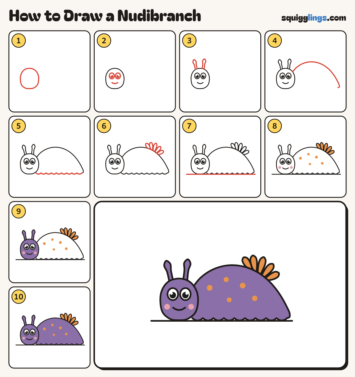 How to Draw a Nudibranch step by step: all 10 steps in one picture
