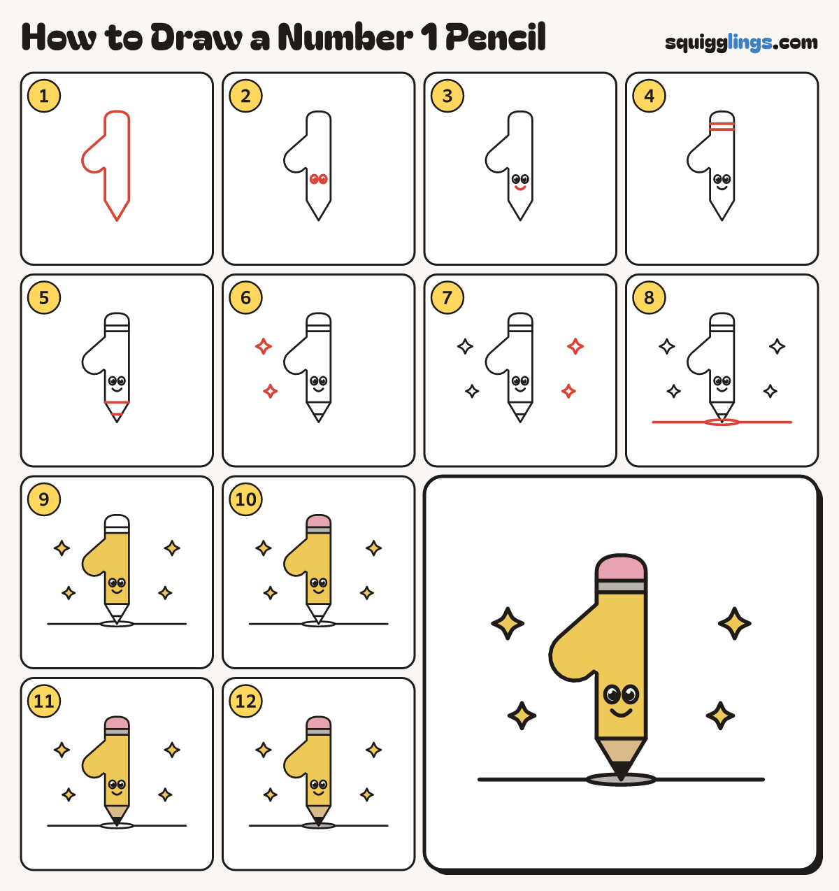 How to Draw a Number 1 Pencil step by step: all 12 steps in one picture