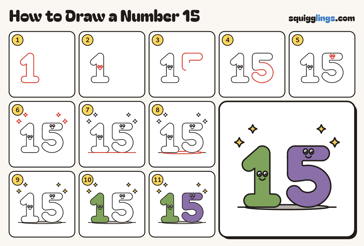 How to Draw a Number 15 step by step: all 11 steps in one picture
