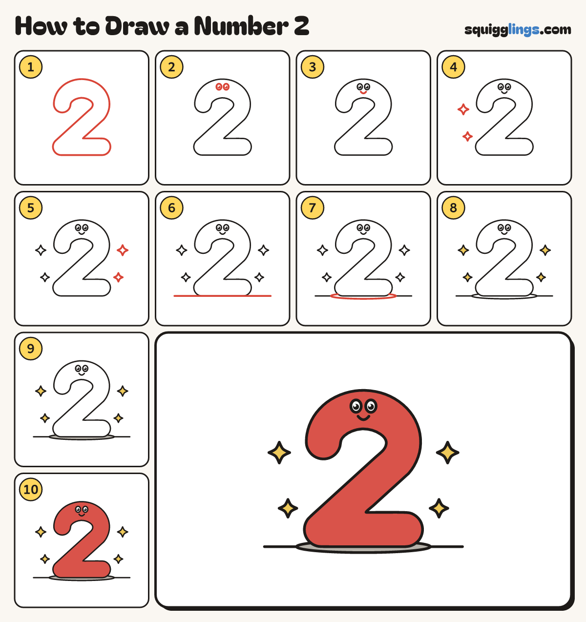 How to Draw a Number 2 step by step: all 10 steps in one picture