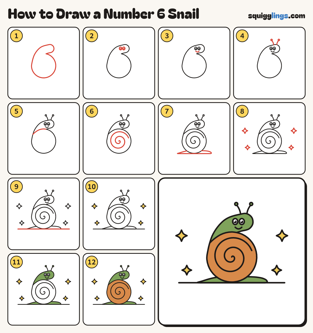 How to Draw a Number 6 Snail step by step: all 12 steps in one picture