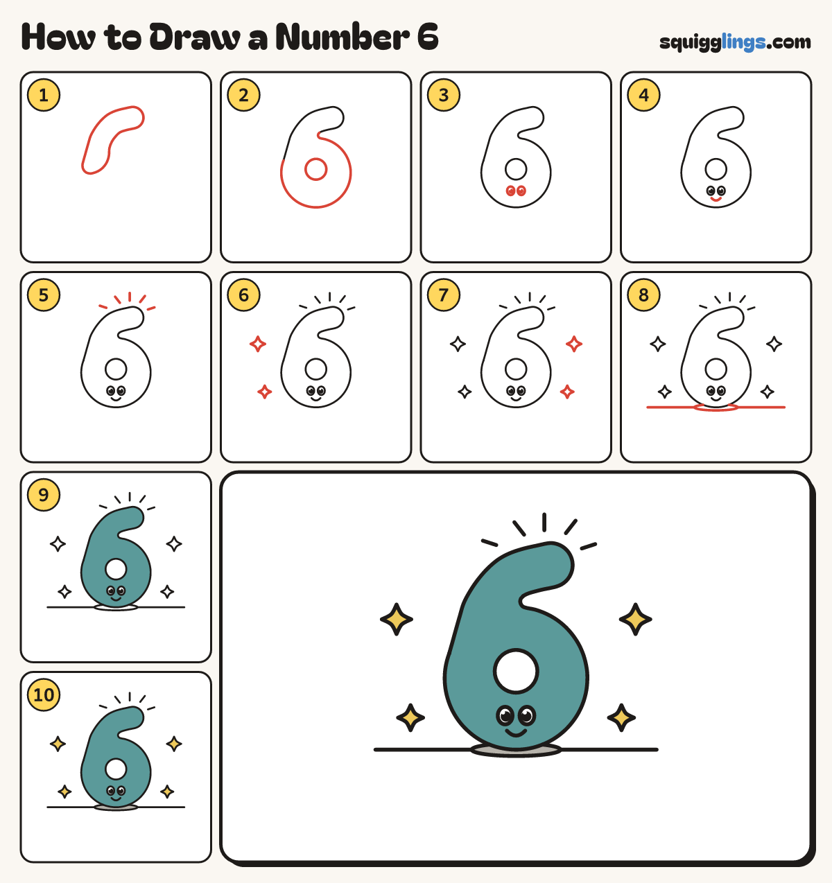 How to Draw a Number 6 step by step: all 10 steps in one picture