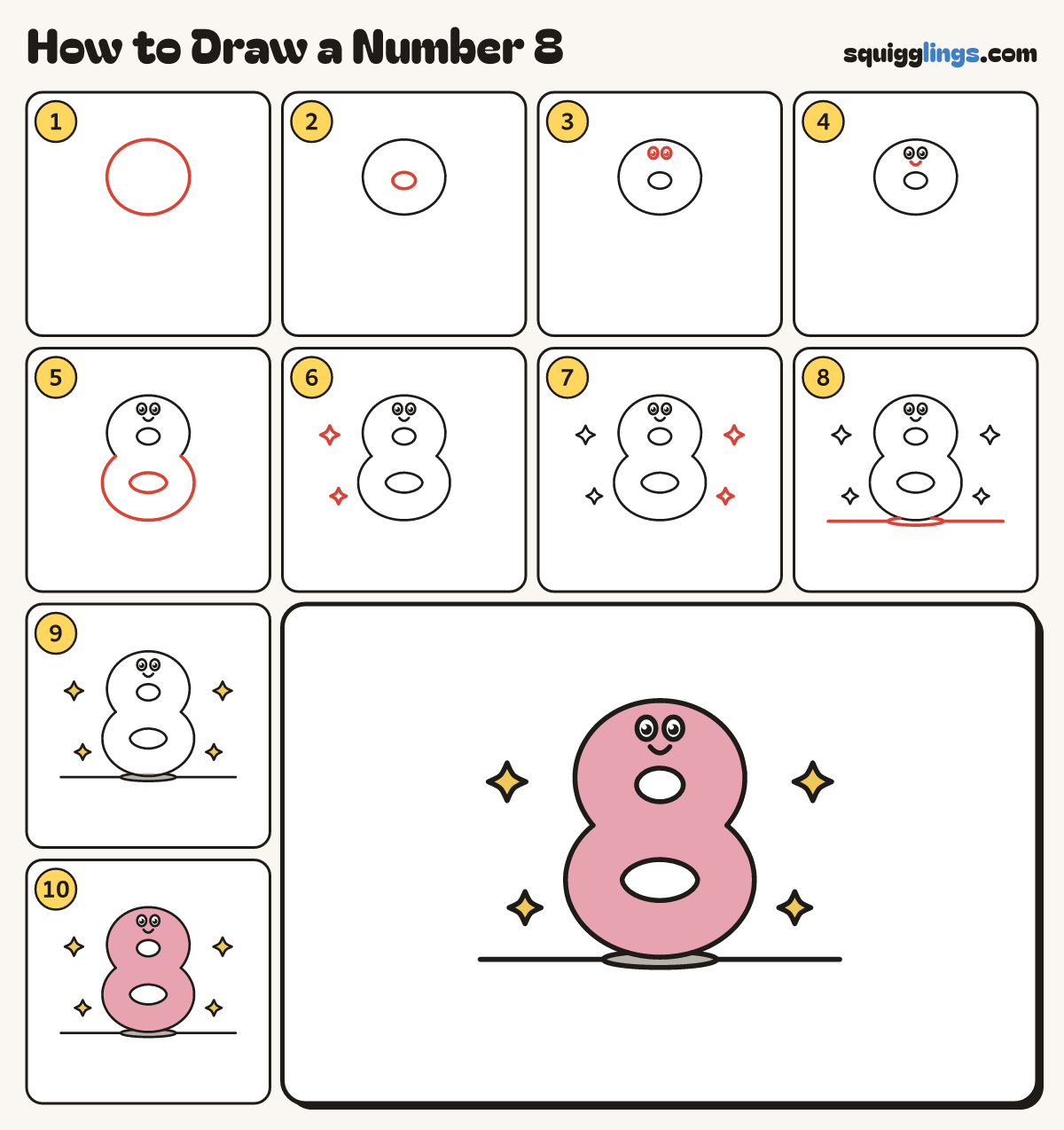 How to Draw a Number 8 step by step: all 10 steps in one picture