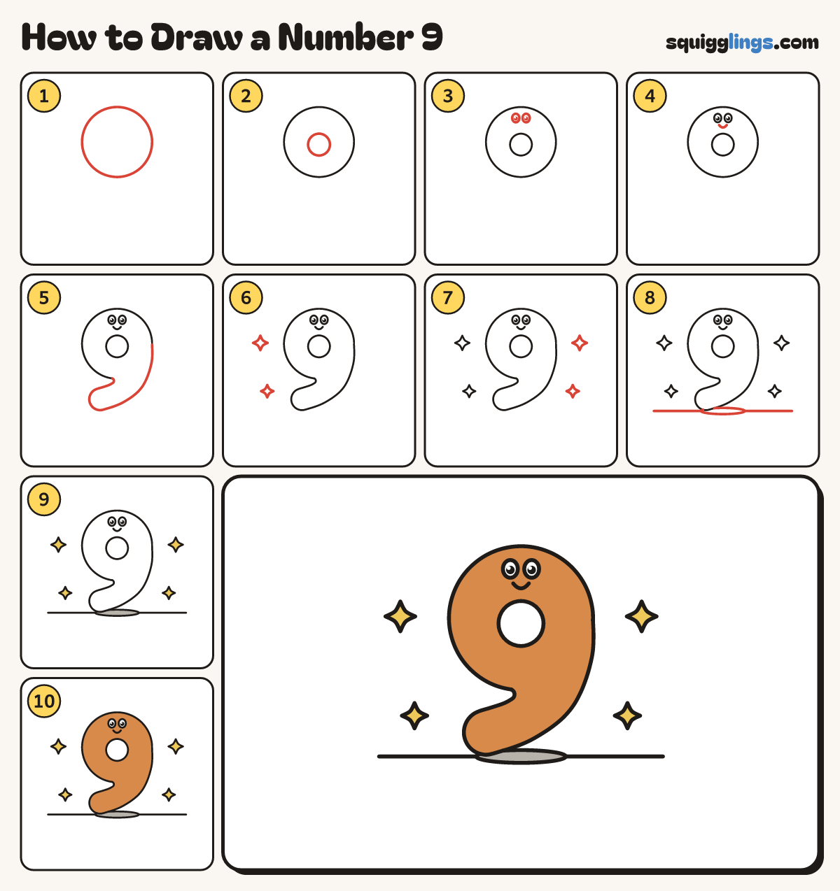 How to Draw a Number 9 step by step: all 10 steps in one picture