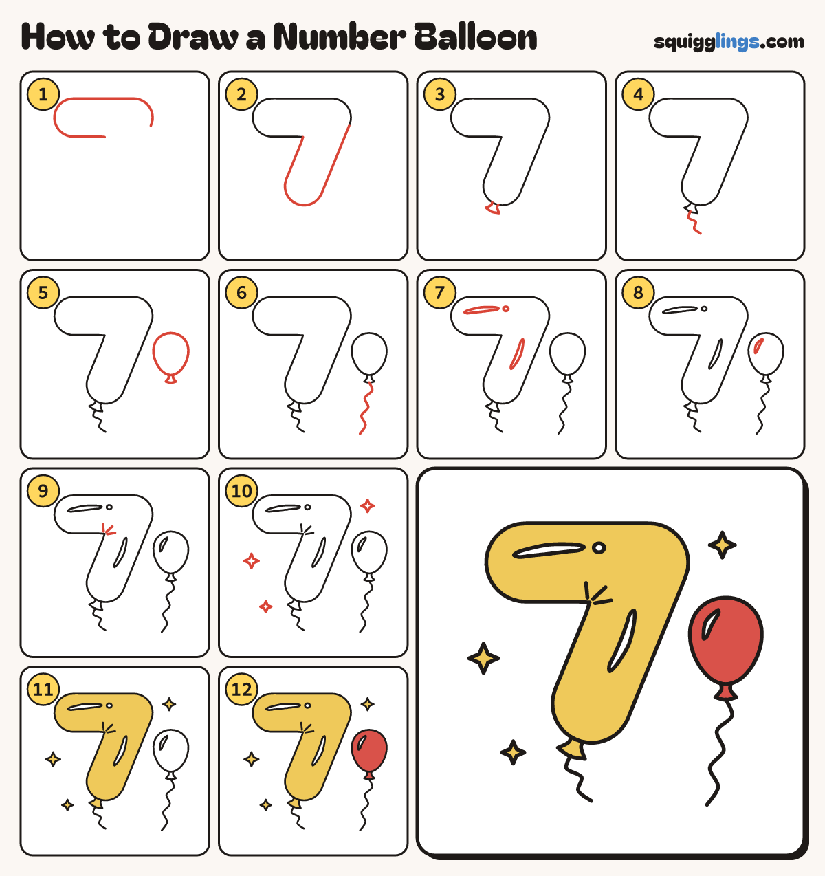 How to Draw a Number Balloon step by step: all 12 steps in one picture