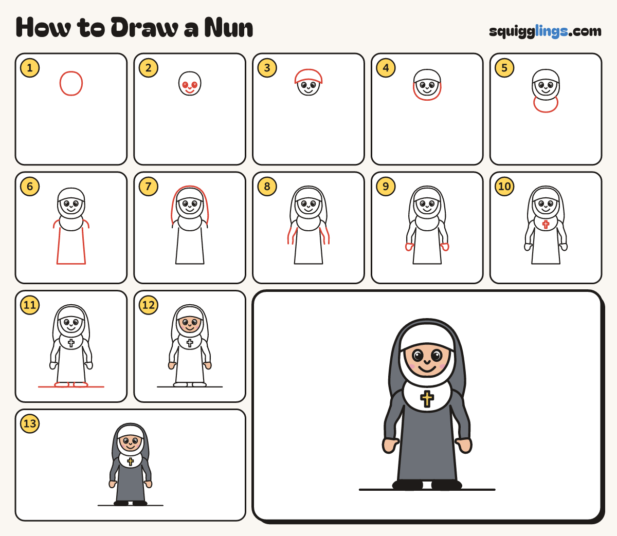 How to Draw a Nun step by step: all 13 steps in one picture