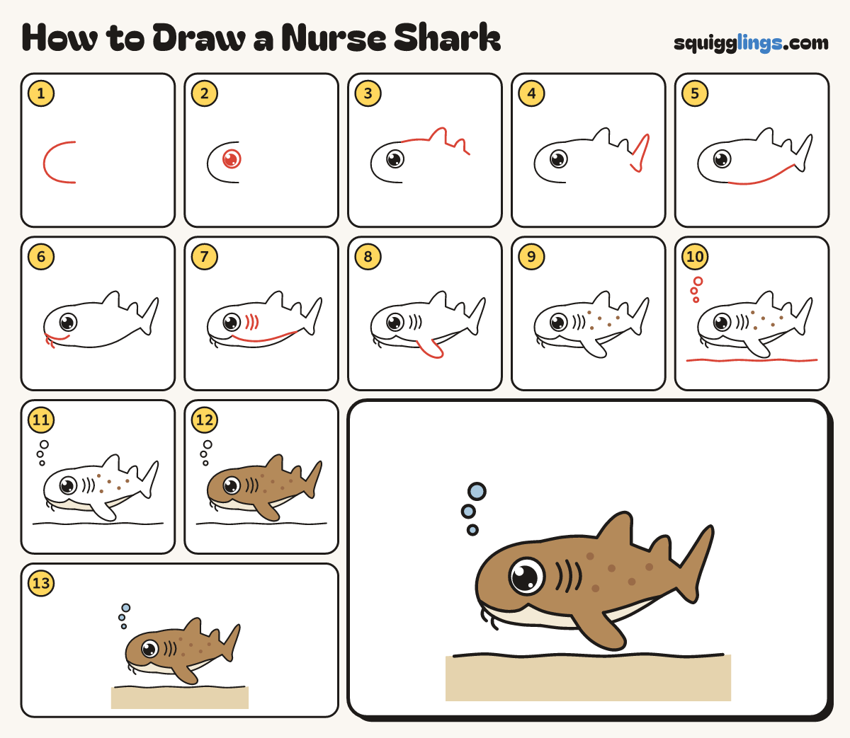 How to Draw a Nurse Shark step by step: all 13 steps in one picture