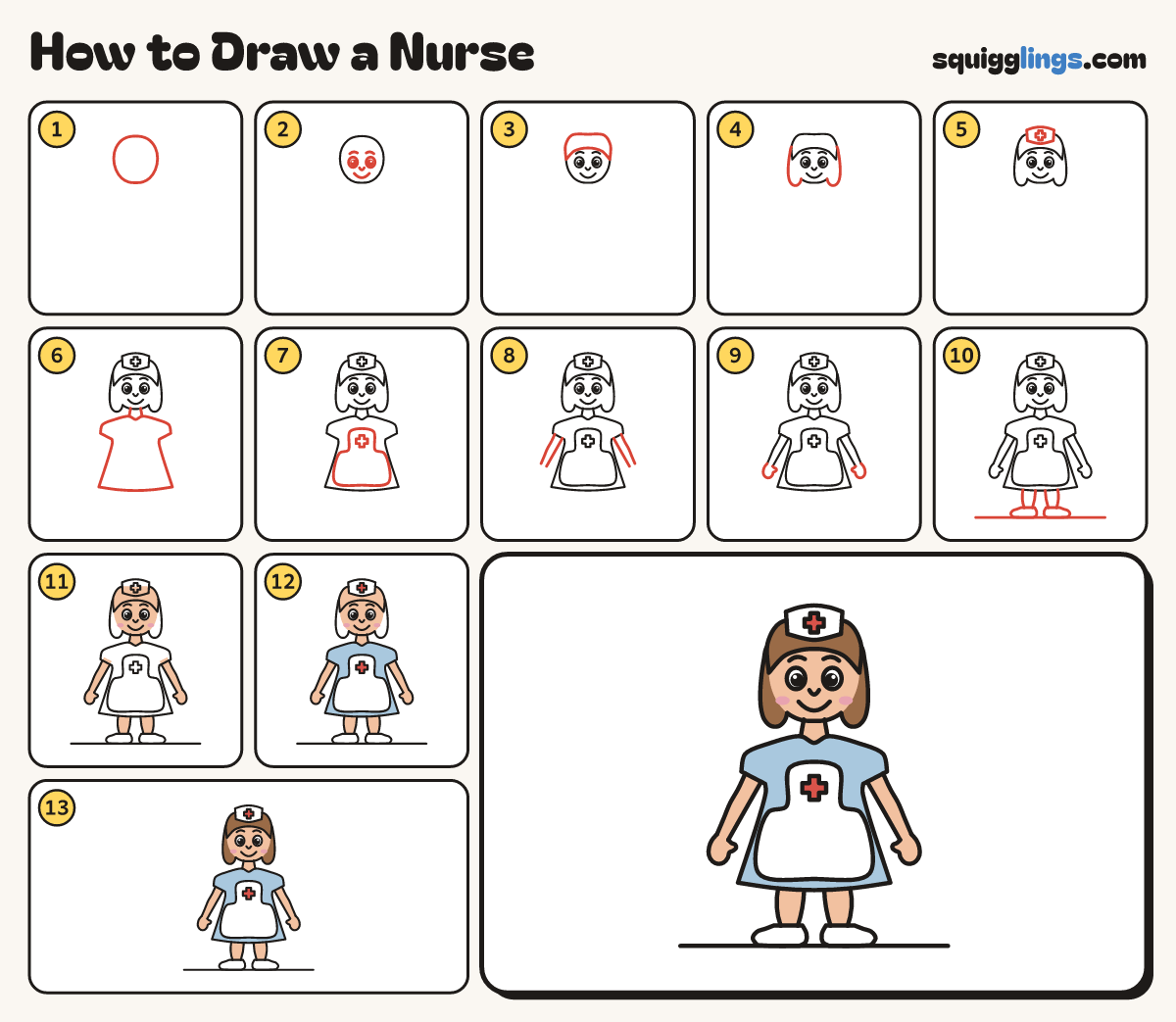 How to Draw a Nurse step by step: all 13 steps in one picture