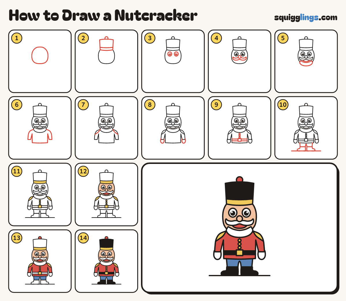 How to Draw a Nutcracker step by step: all 14 steps in one picture