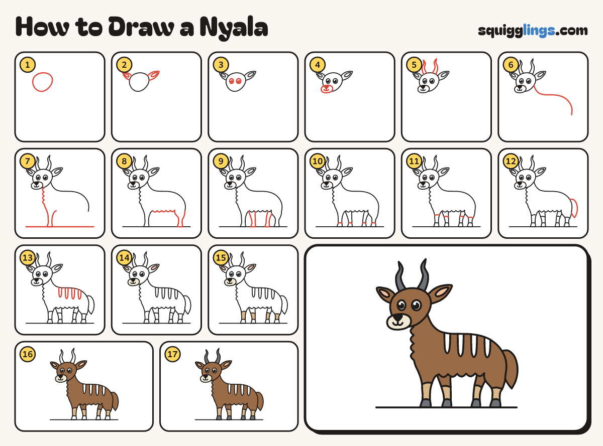 How to Draw a Nyala step by step: all 17 steps in one picture
